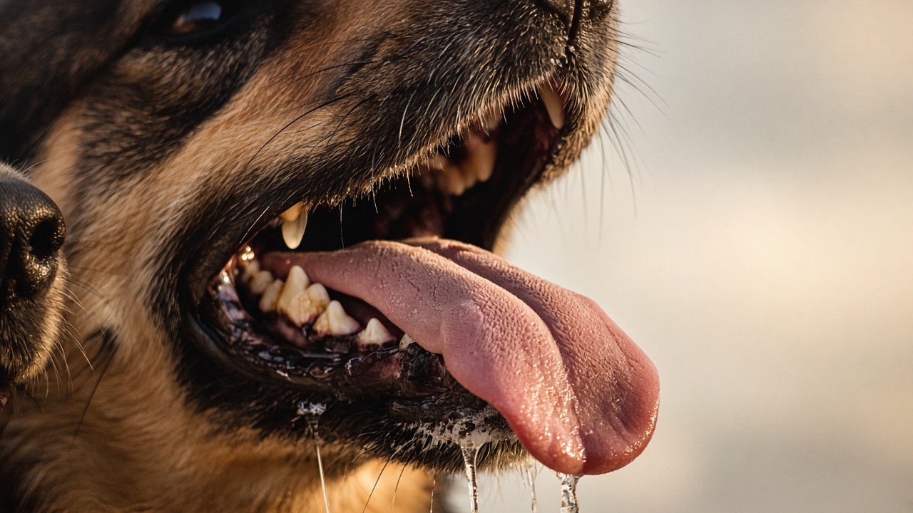 Close-up de perro jadeando con calor de verano