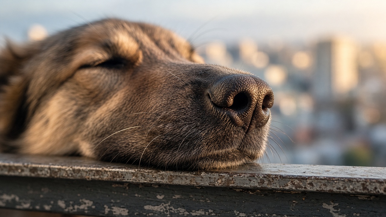 Close-up de hocico de perro apoyado en baranda de balcón